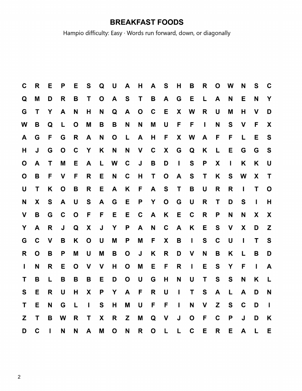 Breakfast Foods word-search sample page