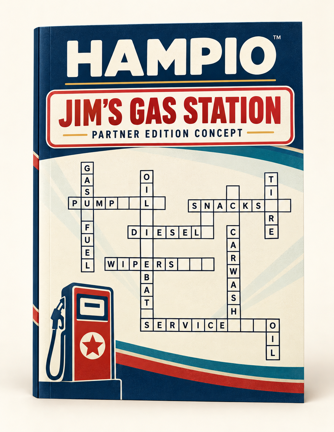 Concept mockup of a Jim's Gas Station Hampio partner edition book